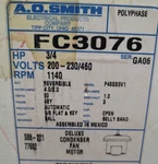 Ao Smith FC376 Condenser Motor 3/4HP 1140RPM 4.0/2.0AMP 200-230/460 Volt (FC307). Fixed Price $395.00.